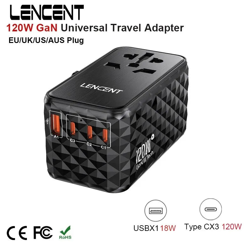 120W Universal Travel Adapter With1 USB-A+3 Type-C All-In-One Adapter Fast Charger EU/UK/USA/AUS Plug for Travel