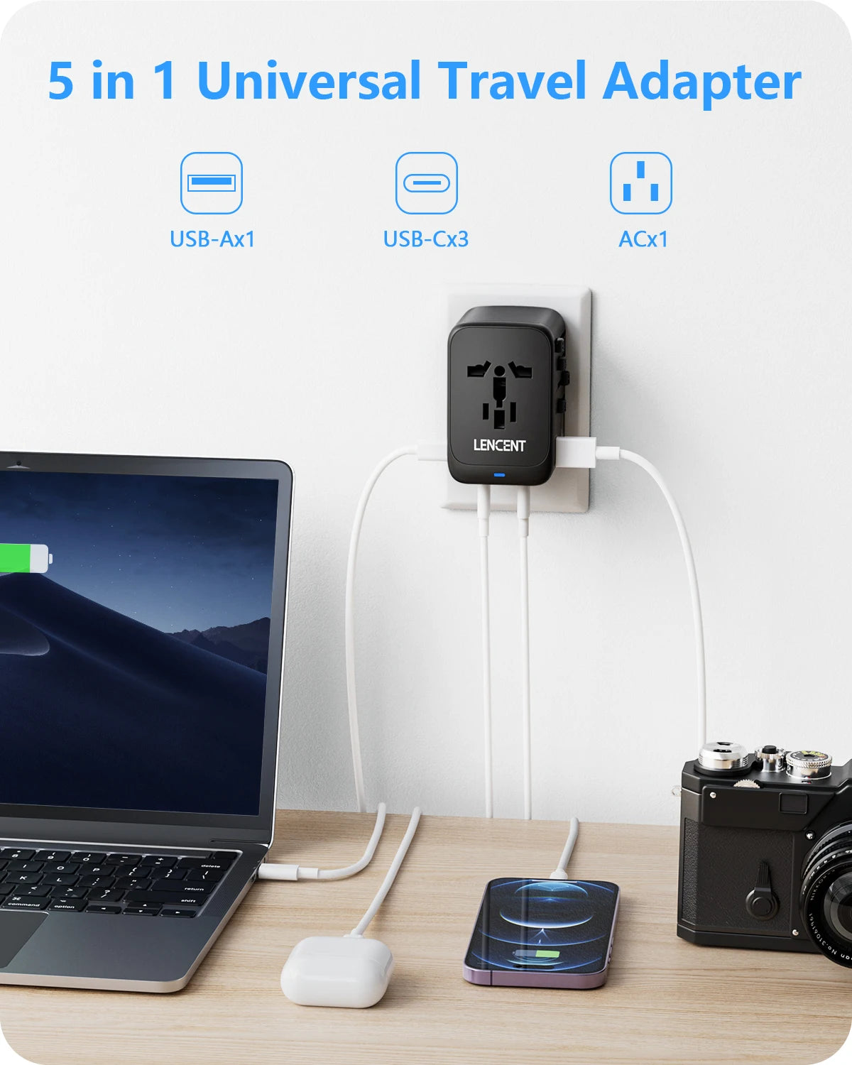 65w Universal Travel Adapter with 3Type C+1USB Ports QC3.0 Fast Charging Travel Adapter EU/UK/USA/AUS Plug for Travel