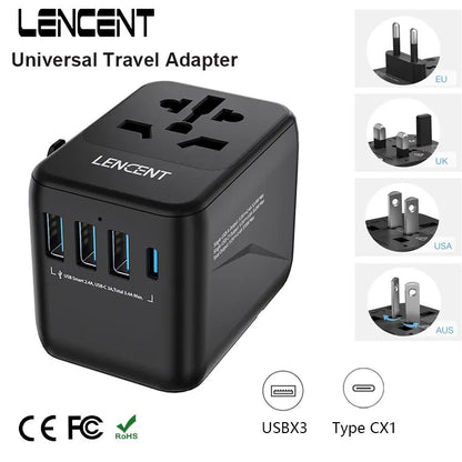 Universal Travel Adapter with 3 USB Ports 1Type-C PD Charging All-In-One Travel Adapter EU/UK/USA/AUS Plug for Travel