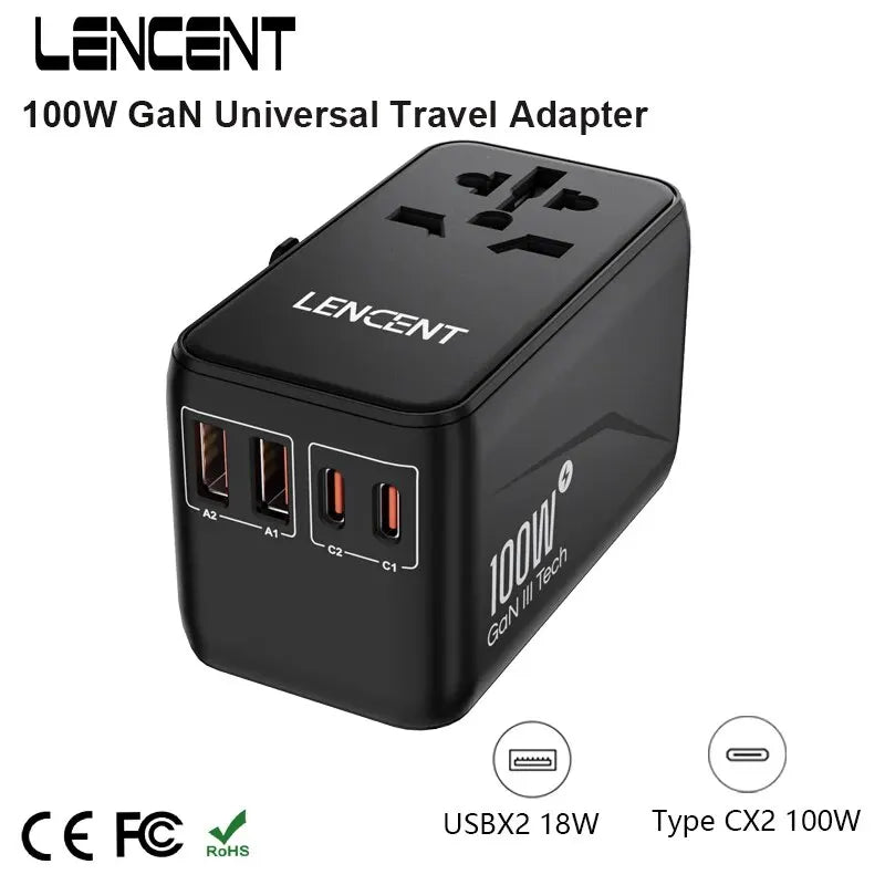 100W Universal Travel Adapter with 2 USB and 2 Type C PD Fast Charging Adapter EU/UK/USA/AUS Plug for Travel