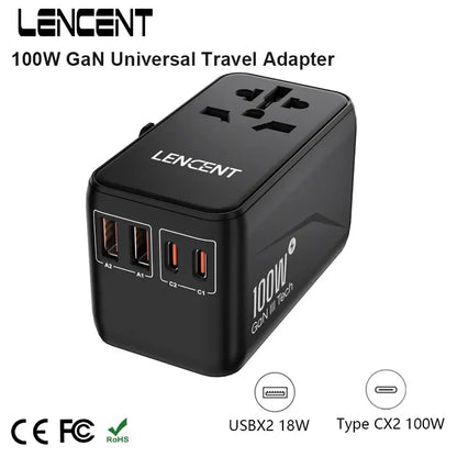 100W Universal Travel Adapter with 2 USB and 2 Type C PD Fast Charging Adapter EU/UK/USA/AUS Plug for Travel