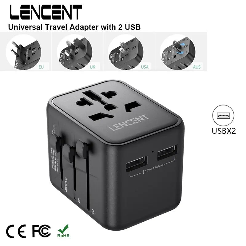 International Travel Adapter with 2 USB Ports All-In-One Travel Charger Power Adapter EU/UK/USA/AUS Plug for Travel