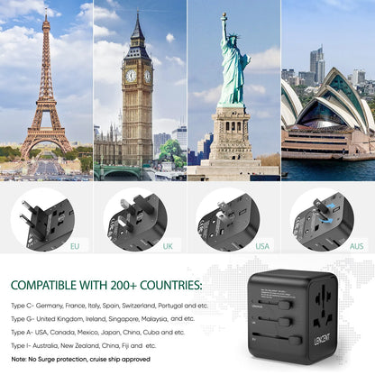 International Travel Adapter with 2 USB Ports All-In-One Travel Charger Power Adapter EU/UK/USA/AUS Plug for Travel