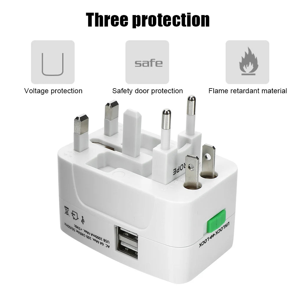 World Travel AU US UK EU Converter Universal AC Power Charger Adapter 2 USB Port International Plug Adapter All in One