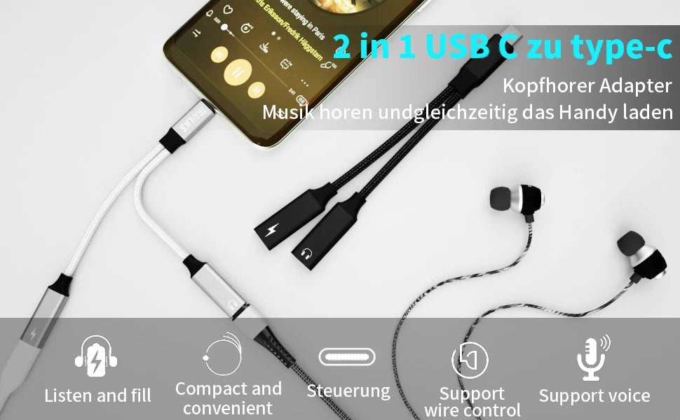 New 2 IN USB C Type C Splitter to Dual Type USB C Headphone Jack Audio Adapter Fast Charging 60W for Samsung iPhone 15 Huawei