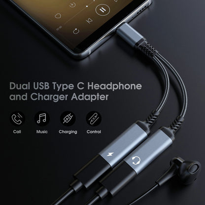 New 2 IN USB C Type C Splitter to Dual Type USB C Headphone Jack Audio Adapter Fast Charging 60W for Samsung iPhone 15 Huawei