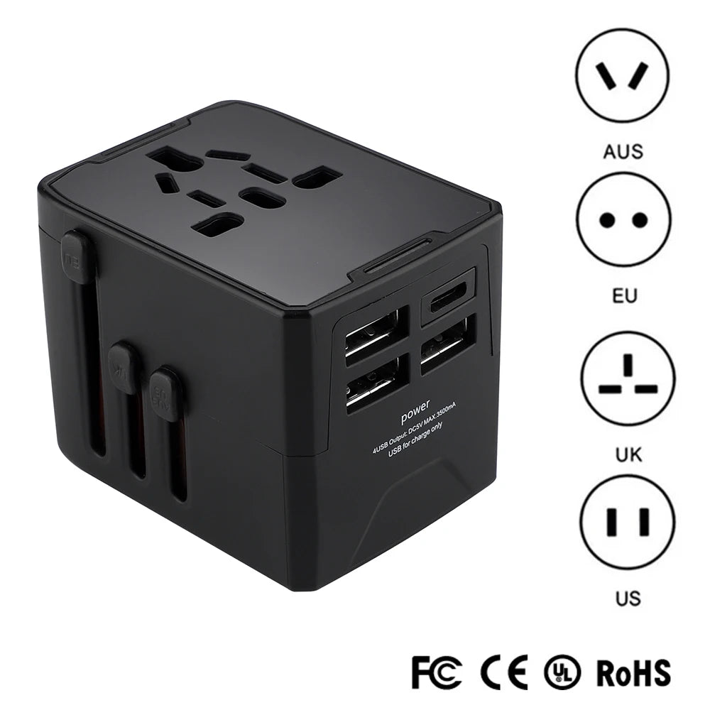 Universal Travel Adapter 5-in-1 Travel Charger Plug with USB Type-C Fast Charging Multi-function EU/UK/USA/AUS