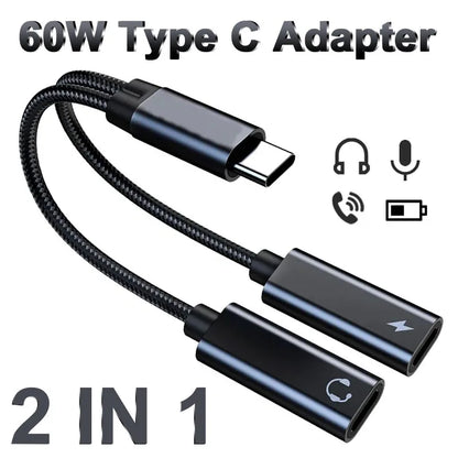 New 2 IN USB C Type C Splitter to Dual Type USB C Headphone Jack Audio Adapter Fast Charging 60W for Samsung iPhone 15 Huawei