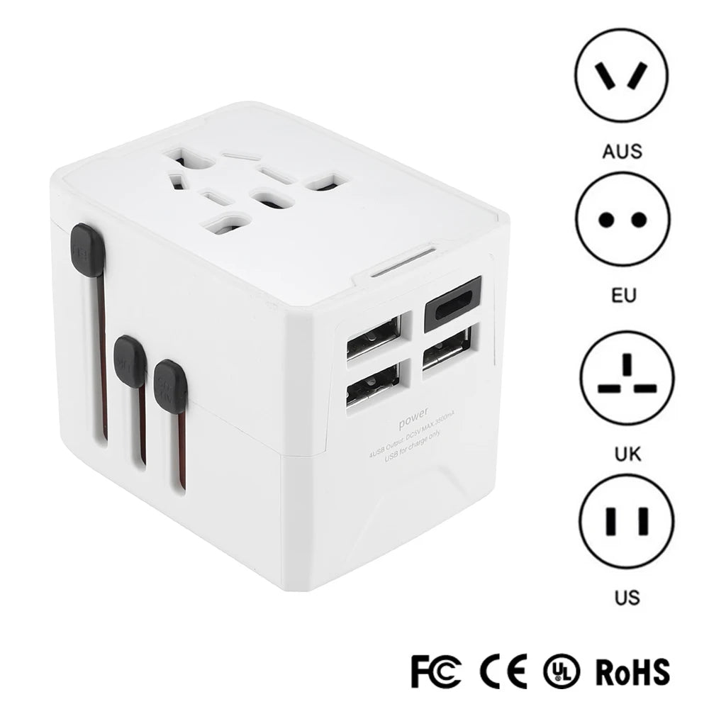 Universal Travel Adapter 5-in-1 Travel Charger Plug with USB Type-C Fast Charging Multi-function EU/UK/USA/AUS