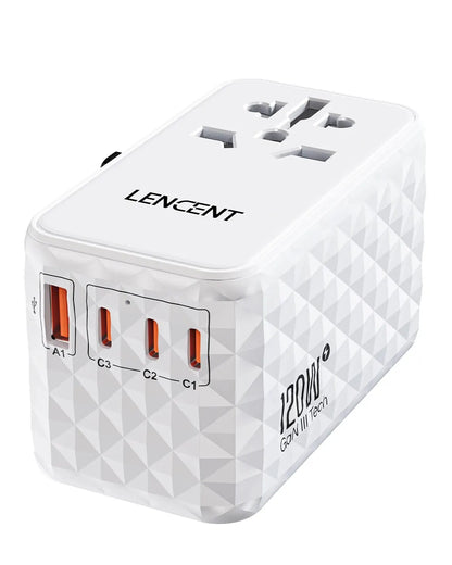 120W Universal Travel Adapter With1 USB-A+3 Type-C All-In-One Adapter Fast Charger EU/UK/USA/AUS Plug for Travel