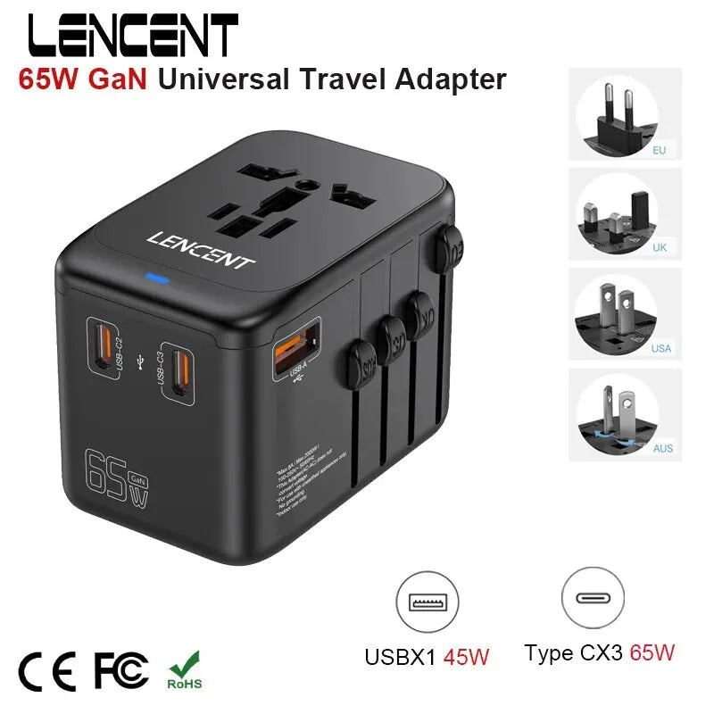 65w Universal Travel Adapter with 3Type C+1USB Ports QC3.0 Fast Charging Travel Adapter EU/UK/USA/AUS Plug for Travel